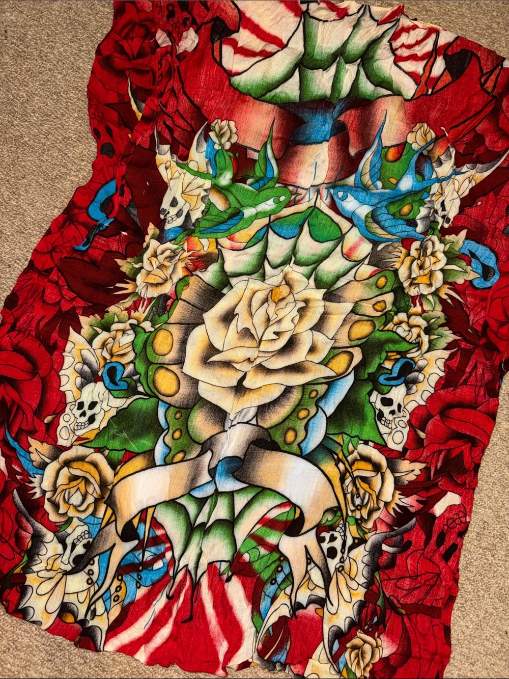 Red Floral Tattoo Ed Hardy-Style Scarf